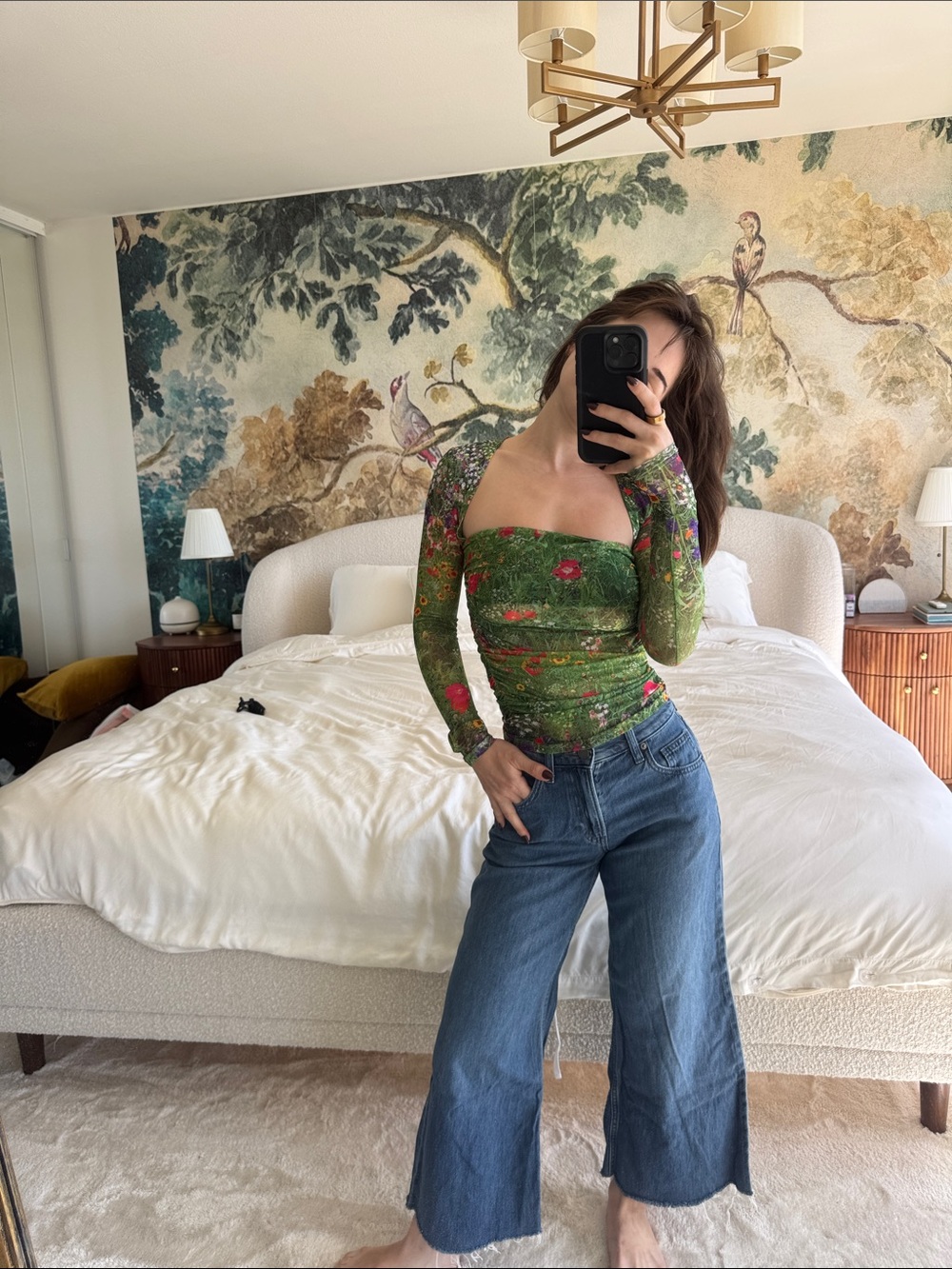 Green Floral Long-Sleeve Square-Neck Top by